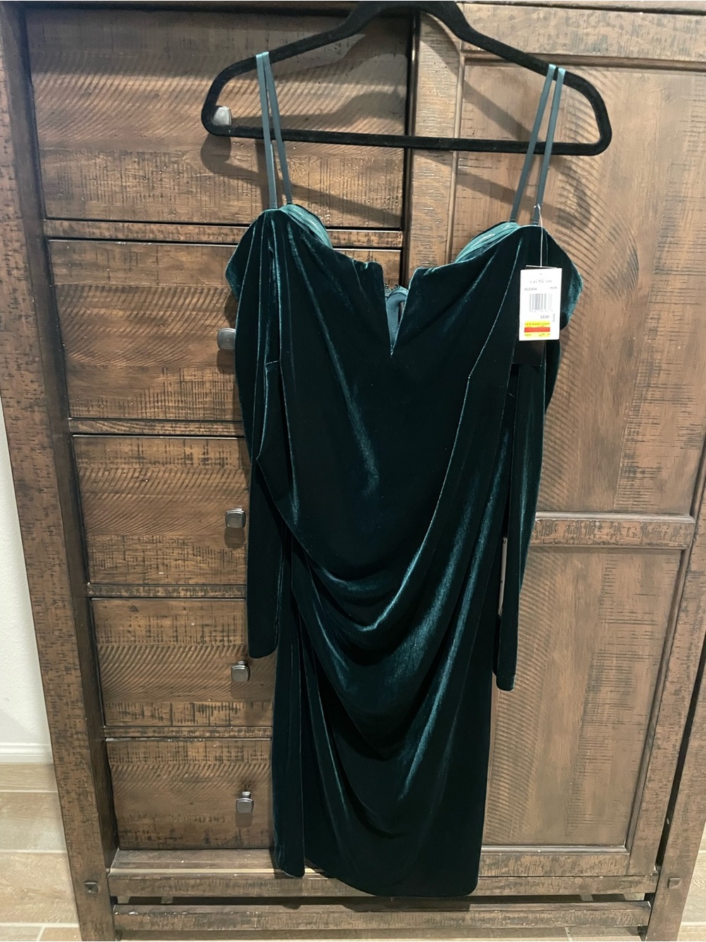 Xscape Teal Velvet Draped Midi Dress with Double Straps